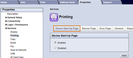 Device Start-Up Page screen